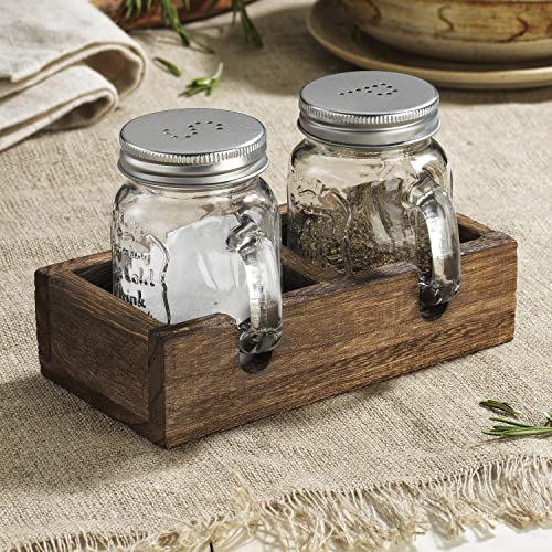 Mosjos Mason Jar Salt And Pepper Shaker - Vintage Glass Condiment Dispenser Set With Wooden Holder Caddy - Farmhouse Kitchen Decor, Easy Refill 5-Ounce Capacity With Stainless Steel Lids #TOP2