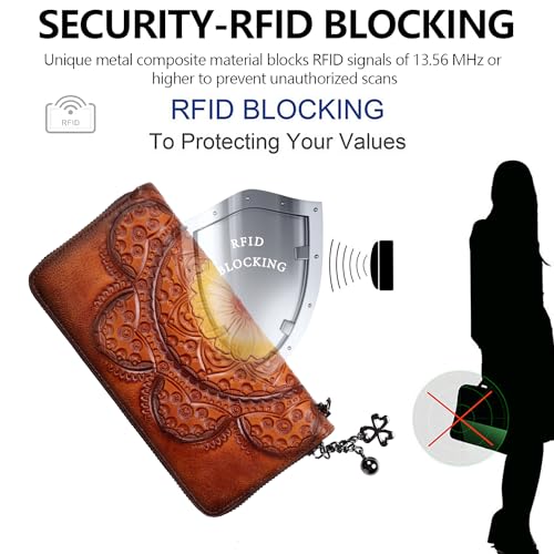 Image of Wallet Genuine Leather for Women - with RFID Blocking Card checkbook ID Slot Large Capacity Vintage style (sunflower brown)