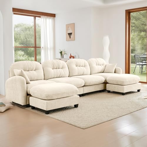 Image of KEIKI 140 inch U-Shaped Oversized Chenille Modular Sectional Sofa with 2 Ottoman, High-Density Foam Cushions, Tufted Pleated Cushion Backrest, Modern 4-Seater Couch with 2 Pillow, for Living Room, Beige