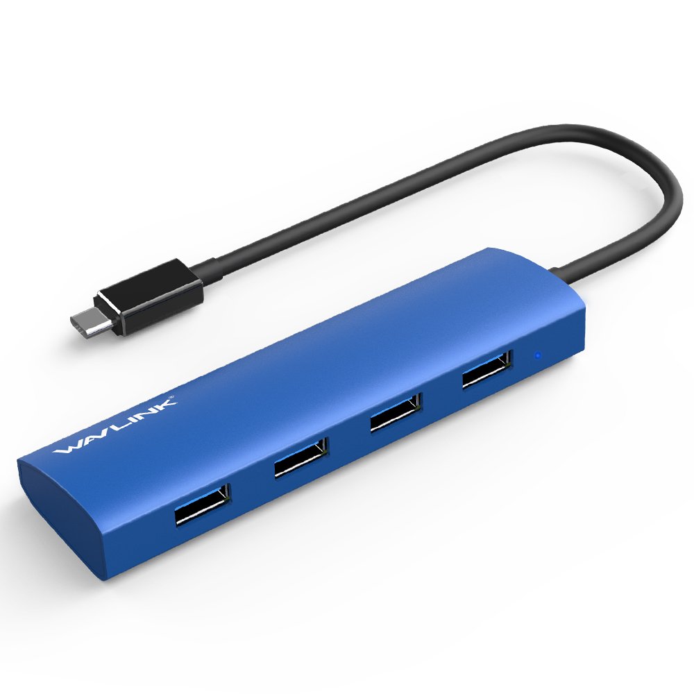 Wavlink 4-Port USB 3.0 Hub Adapter Aluminum Design up to 5Gbps Transfer Data for PCs, Ultrabook, MacBook, Blue