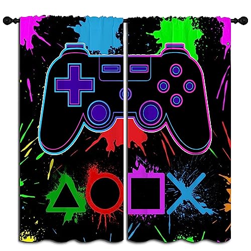 LHROOMJK Gamer Gaming Gamepad Rod Pocket Blackout Curtains for Boy Girl Bedroom, Colorful Splash Art Video Game Controller Thermal Insulated Home Window Drapes for Living Room Darkening, 42x45 inch