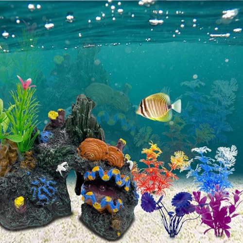 Image of PINVNBY Aquarium Coral Reef Decor Resin Fish Tank Decorations Rock Mountain Cave Ornaments for Goldfish Betta Fish Sleep Rest Hide Play Breed with 4 PCS Aquatic Plants (Small Size)