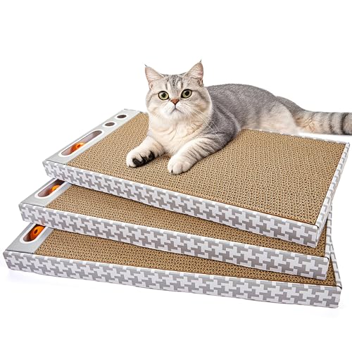 MARKARBARKA Cat Scratching Board 3 Pack – Reversible Cardboard Scratcher for Indoor Cats, Wide Boxed Scratch Pads with Bell Ball, Durable Corrugated scratchers as Furniture Protector