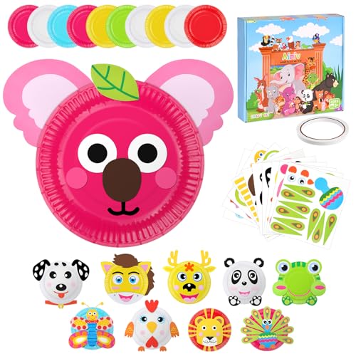 Ainiv Arts and Crafts 10 Pack DIY Animal Round Paper Plate Art Kit with Double-Sided Tape Creative Handmade Craft Set Perfect Present for Birthday Christmas Easter