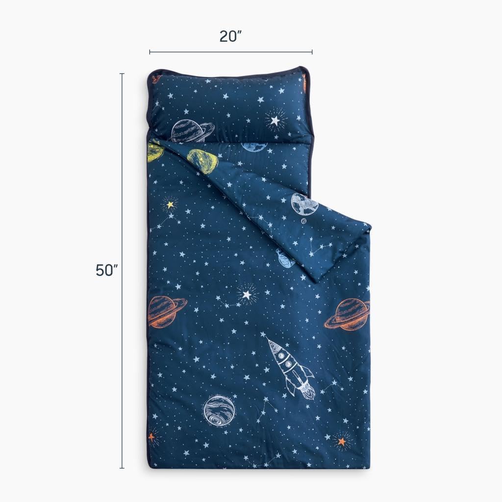 Wake In Cloud - Toddler Nap Mat with Pillow and Blanket, for Kids Boys Ages 3 Plus in Kindergarten Daycare Preschool, Roll Up Sleeping Bag, Spaces Planet Galaxy