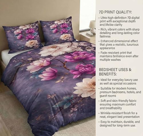 Image of SANMARINO 300 TC Cloud Cotton Pixel 7D King Size Bedsheet with 2 Pillow Cover | Premium 7D Floral Printed Bedding Set | Ultra Soft & Breathable | 108x108 Inch | Royal Orchid Floral Symphony
