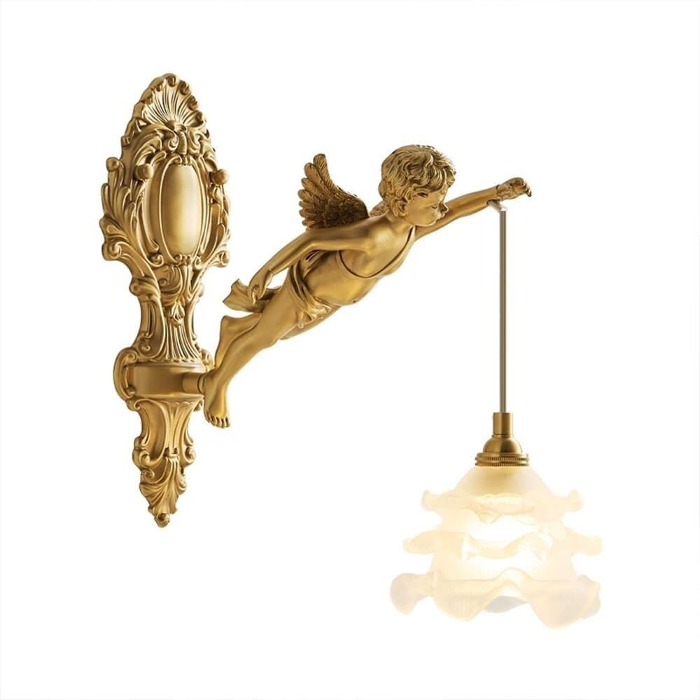 CWCQGH Creative Cartoon Angel Brass Wall Lamp with Glass Shade,Copper Bedside Wall Light,Mid-Century Design Wall Sconce for Bedroom Living Room Dining Room,Brass-right