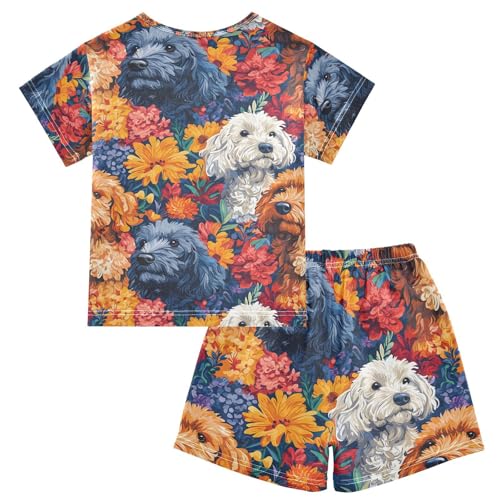 ALAZA Puppy Dog Blossom Flower Pajamas Set Short Sleeve Cotton Sleepwear Summer Pjs 2 Piece 5-14Y2
