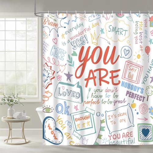 Image of iTapnoom Funny Kids Inspirational Quotes Shower Curtain, Colorful Positive Words Graffiti Artwork Unisex Bathroom Decor Set, Waterproof Polyester Fabric Bath Curtain with Hooks 72x72 Inch