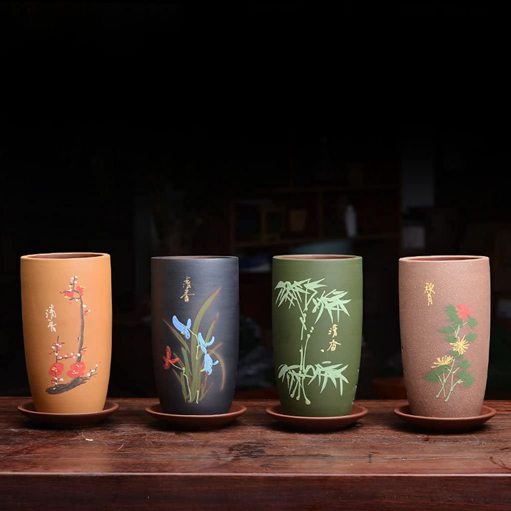 Ceramiczna doniczka z tacą, 20 cm okrągły wewnętrzny pojemnik na rośliny na zewnątrz, bonsai i doniczka na kaktus z otworem drenażowym, chiński styl do domowego ogrodu