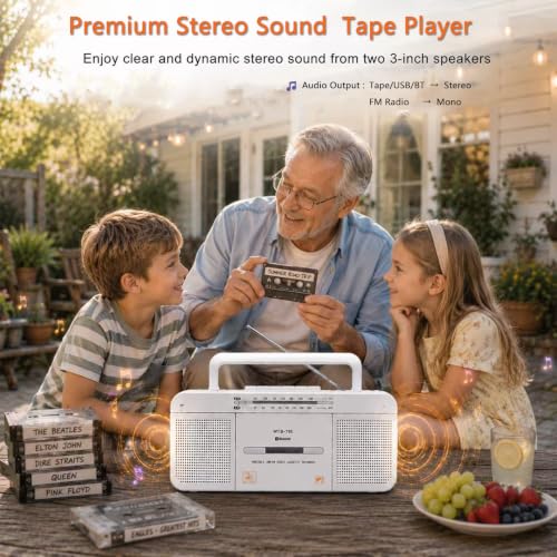 Image of Cassette Player Boombox, Portable AM /FM Radio Stereo with Bluetooth, USB, Dual Big Speaker, Earphone Jack, Record to Cassettes /USB via Mic,Cassette to MP3 Converter,AC /DC Powered
