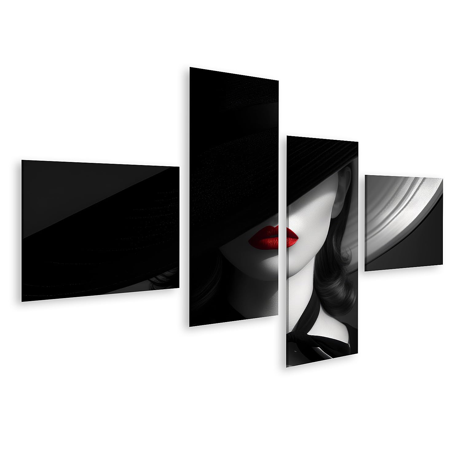 islandburner Tableau sur toile Femme avec chapeau noir et lèvres rouges sur fond sombre Images murales Poster