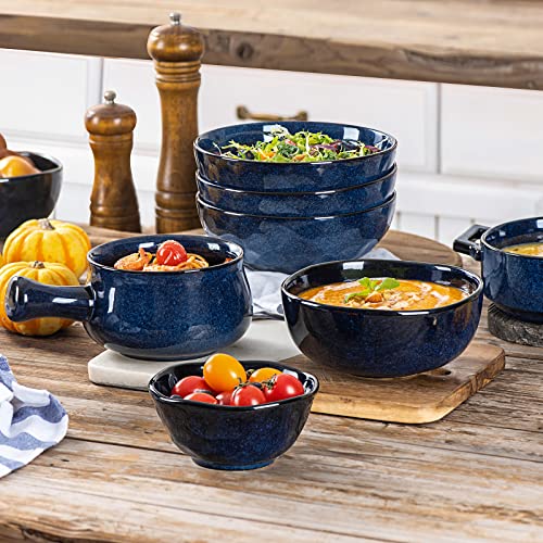 Image of vicrays Ceramic Cereal Bowls - 26 Ounce Porcelain Soup Salad Rice Dessert Cream Set - Chip Resistant Dishwasher Microwave Safe - Set of 6 (Blue)