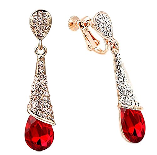 CNCbetter Women Charms Jewelry Austrian Crystal Charms Red Teardrop Screw Back Clip On Earring