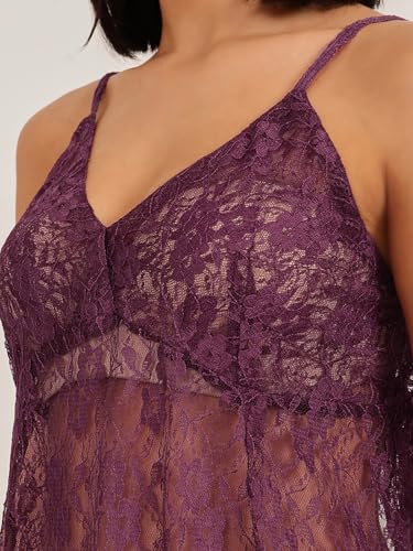 Image of Clovia Women's Lace Self-Patterned Knee Length Babydoll with Matching Thong