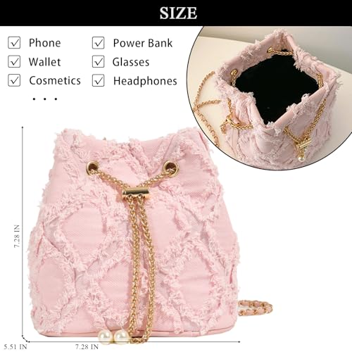Image of Denim Bucket Bag Quilted Drawstring Jean Purses for Women Denim Clutch Hobo Bags Crossbody Handbag
