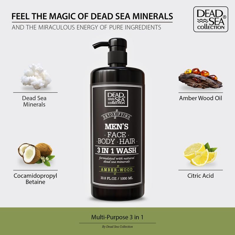 Dead Sea 3-in-1 Body Wash for Men – Amber Wood Cleanser for Body, Hair, and Face - 33.8 Fl. Oz.