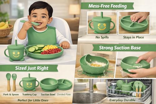 Image of SJC Global - 6 PCS (Green) Silicone Toddler Adjustable Tableware Set | Suction Bowl, Plate, Spoon, Fork, Bib & Cup for Babies | Silicone Baby Feeding Kit for Infants | BPA Free Food Grade