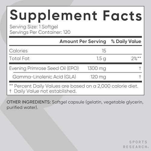 Image of Sports Research Evening Primrose Oil 1300 mg Non - GMO Gluten - free Cold - Pressed with No Fillers or Artificial Ingredients (120 Liquid Softgels)