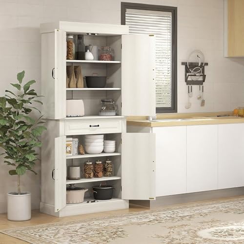 HOMCOM Kitchen Cupboard with 4 Doors, Freestanding Storage Cabinet with Wide Drawer and Shelves for Living Room, 180cm, White Wood Grain - Image 7