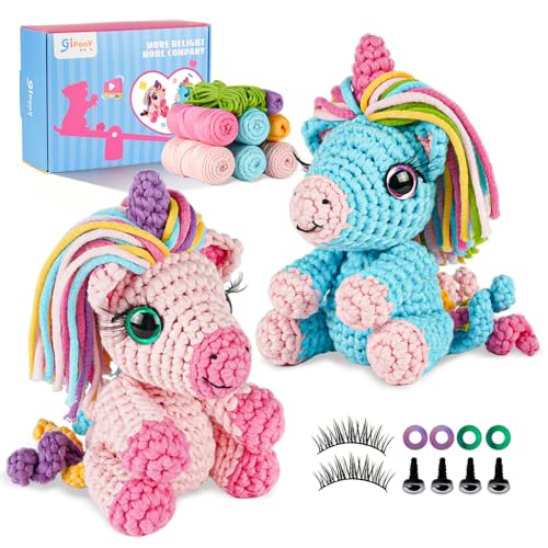 Image of Gipony Crochet Kit for Beginners Animal,Crochet Animal Kits,Crocheting Kit for Starters,Learn to Crochet with Step-by-Step Video Tutorials,Beginner Crochet Kits for Adults(2 Pack Unicorn​)