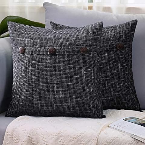 LHKIS Throw Pillow Covers 18x18 Set of 2 Decrative for Couch Sofa, with Triple Button Vintage Farmhouse, Dark Grey Cover