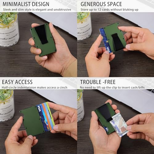 Image of Minimalist Carbon Fiber Wallet for Men, Money Clip Cash Strap Wallet, RFID Blocking Metal Wallet Aluminum Card Holder,Front Pocket Wallet(Matte Green)