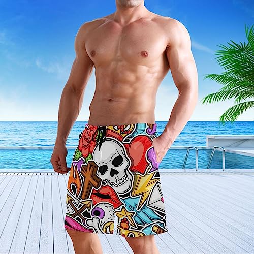 visesunny Men's Swim Trunks Retro Tattoo Skull Cartoon Old School Quick Dry Bathing Suits Beach Holiday Party Swim Shorts4
