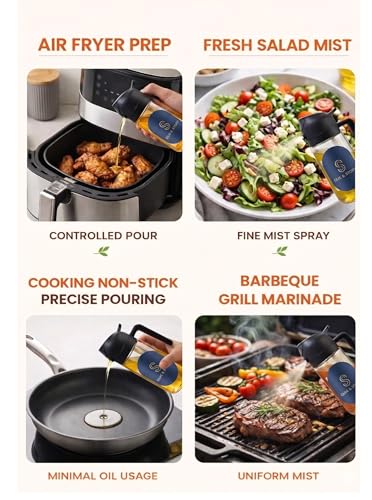 Image of Stir and Story Oil Dispenser and Sprayer Glass Bottle for Kitchen with Handle 500ml | 2-in-1 Olive Oil Spray for Cooking | Fine Mist & Pour Spout | Leak Proof | For Air Fryer, Salad, BBQ & Kitchen