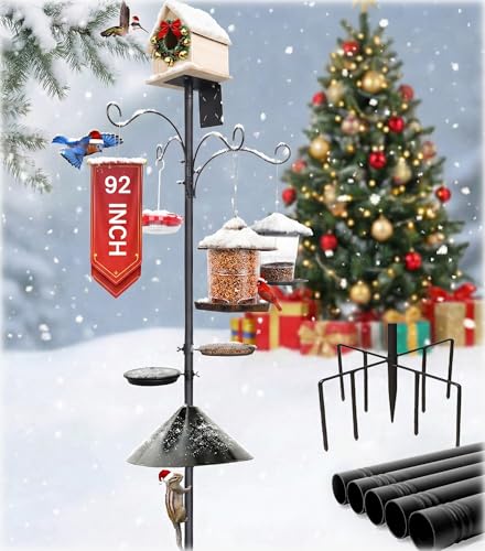eWonLife 92 Inch Squirrel Proof Bird Feeder Pole with 9 Prongs Base, 1 Inch Dia Smart Bird Feeder Pole for Outdoors Heavy Duty, Bird Feeder Stand with Squirrel Baffle, 4 Shepherd Hooks, Birdbath, Tray