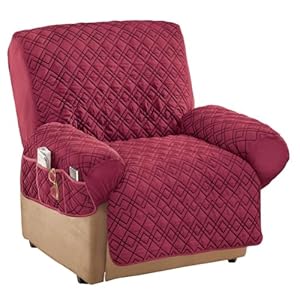 Collections Etc Diamond-Shape Quilted Stretch Recliner Cover with Storage Pockets and Elastic Straps – Furniture Protector, Burgundy, Recliner