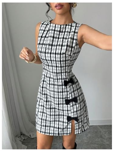 SHENHE Women's Vintage Plaid Bow Side Split Hem A Line Sleeveless Elegant Work Dress2