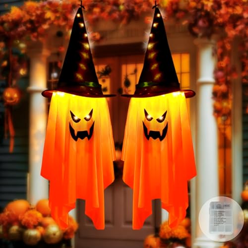 FemKey Decoration Halloween Exterieur Interieur, 2PCS Fantome Halloween Effrayante Suspendu avec Chapeau Sorcier Guirlande Lumineuse, 1M LED Fantômes Lumineux Deco