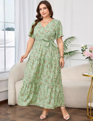Image of ShopWonder Womens Plus Size V Neck Wrap Maxi Dress High Waist Ruffle Summer Casual Dress with Belt