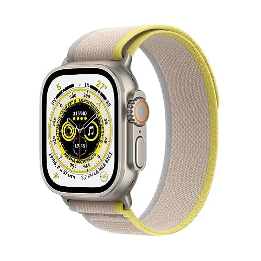 Apple Watch Ultra (GPS + Cellular, 49mm) Montre connectée - Boîtier en Titane avec Boucle Trail Jaune/Beige - M/L. Suivi de l’activité Physique, GPS Haute précision,autonomie Extra-Longue durée