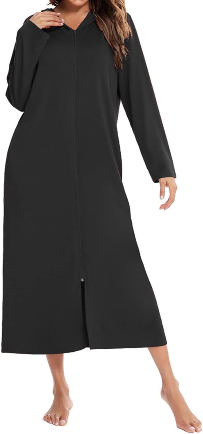 Women's Long Robe Zip Up Hoodie House Coat Pocket Long Sleeve Full Length Housecoat