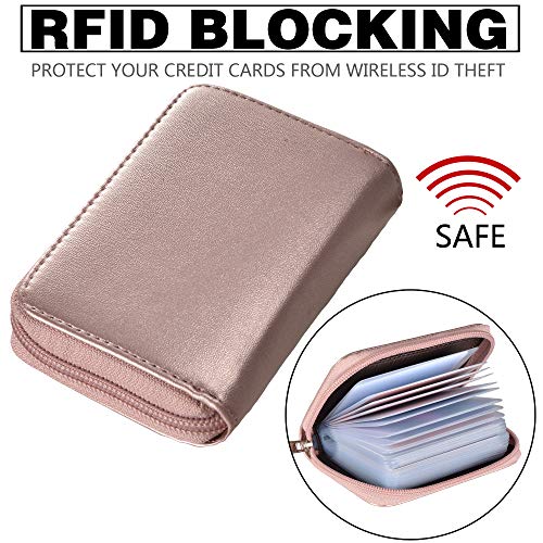 Image of Easyoulife Genuine Leather Credit Card Holder Zipper Wallet with 26 Card Slots (Rose Gold)