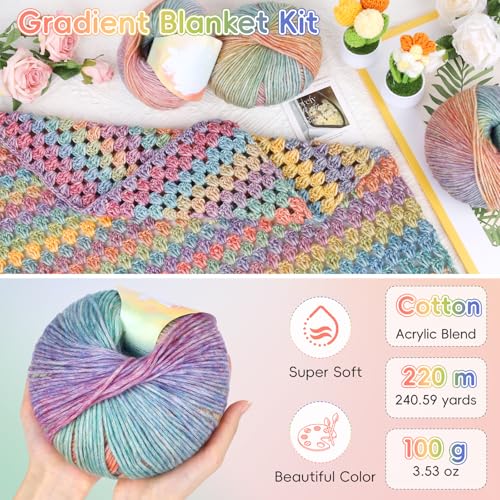 Image of Aeelike Blanket Crochet Kit for Beginners, Super Easy Crochet Blanket Kit with Soft & Colorful Gradient Yarns Detailed Video Tutorials Crocheting Accessories, Rainbow Gradient & Ideal Gift