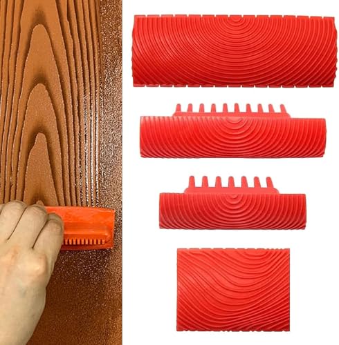 Holzmaserung Werkzeug, Gummi Malwerkzeug für Wanddekoration, für DIY-Wanddekorationen, Rot, 4 Stück