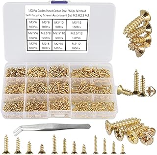 FandWay 1200Pcs M2 M2.5 M3 Phillips Flat Head Self-Tapping Screws, Golden Plated Carbon Steel Countersunk Head Tapping Screws,Wood Screws Assortment Set with Storage Box and 1 Tweezers