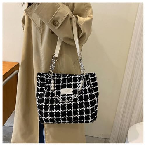 Checkered Crossbody Bag Knitted Plaid Tweed Tote Bag Elegant Checkered Shoulder Purse with Pearl Charm Vintage Woven Handbag2