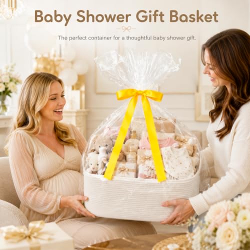 Image of OIASKET Empty Cotton Rope Gift Basket with Handles, 15.4 inchx11.4 inchx6.7 inch Decorative Woven Storage Basket with Gift Bag and Ribbon Set for Baby Shower, Toy Organizer for Kids, Dogs & Cats - Medium White