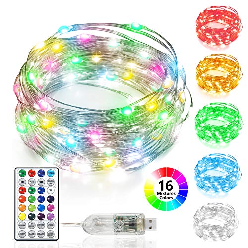 Moglor - Cadena de luces con USB (8 modos, impermeable, 100 ledes, con mando a distancia, para decoración de bodas, fiestas de Navidad, 16 colores