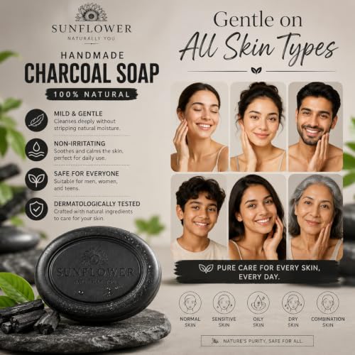 Image of Sunflower Natural Charcoal Bath Soap Made with Natural Ingredients To Deeply Cleanse,Detoxify and Nourish Your skin - All skin types. 90 grams