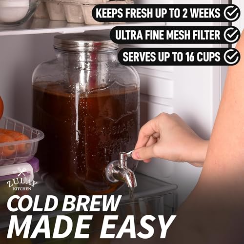 Image of Zulay 1 Gallon /128oz Cold Brew Maker - Thick Glass Cold Brew Pitcher with Stainless Steel Filter, Lid & Spout - Large Cold Brew Coffee Maker - Iced Coffee & Sun Tea Pitcher for Fridge - Silver
