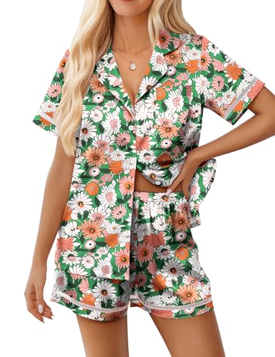 Image of Ekouaer Womens Silk Pajama Sets Button Up Satin Pjs Short Sleeve 2 Piece Pj Sets Cute Lounge Sets with Chest Pocket