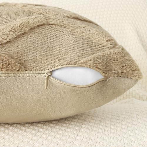 decorUhome Throw Pillow Covers 18x18 Inch Set of 2, Soft Plush Faux Fur Wool Khaki Couch Pillow Covers, Decorative Neutral Pillow Cases for Bed Sofa Living Room Home Decor