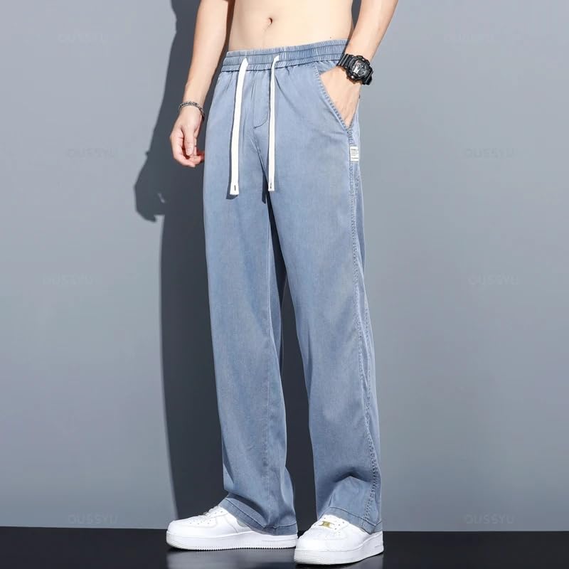Summer Men's Jeans Thin Loose Straight Pants Drawstring Elastic Waist Casual Trousers4