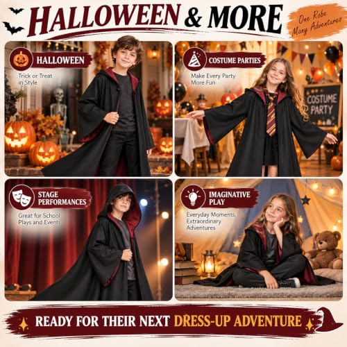 Wizard Costume Set for Kids, Hooded Black Robe for Halloween Dress Up - image 7