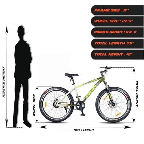 Image of Vaux Falcon MTB Cycle for Men 27.5T with Double Disc Brakes & Front Suspension, 27.5 inch Single Speed Mountain Bicycle for Adults with 17 inch Steel Frame, Double Alloy Rims & Nylon Tyres(Army-Green)